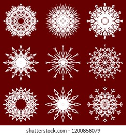 Colección vectorial de copos artísticos de nieve abstracta de cristal aislados en el fondo como grupo de decoración o colección de diciembre de invierno. Hielo o escarcha hermosa silueta de ornamento estrella o arte de temporada