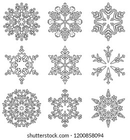 Vector collection of artistic icy abstract crystal snow flakes isolated on background as winter december decoration group or collection. Ice or frost beautiful star ornament silhouette or season art