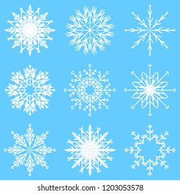 Vector collection of artistic icy abstract crystal snow flakes isolated on background as winter december decoration group or collection. Ice or frost beautiful star ornament silhouette or season art
