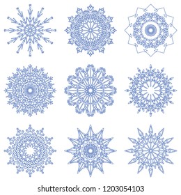 Vector collection of artistic icy abstract crystal snow flakes isolated on background as winter december decoration group or collection. Ice or frost beautiful star ornament silhouette or season art