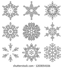 Vector collection of artistic icy abstract crystal snow flakes isolated on background as winter december decoration group or collection. Ice or frost beautiful star ornament silhouette or season art