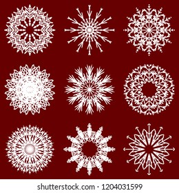 Vector collection of artistic icy abstract crystal snow flakes isolated on background as winter december decoration group or collection. Ice or frost beautiful star ornament silhouette or season art
