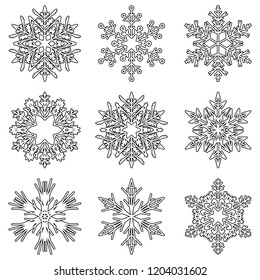 Colección vectorial de copos artísticos de nieve abstracta de cristal aislados en el fondo como grupo de decoración o colección de diciembre de invierno. Hielo o escarcha hermosa silueta de ornamento estrella o arte de temporada