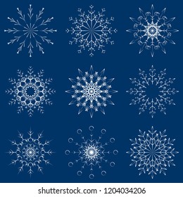 Colección vectorial de copos artísticos de nieve abstracta de cristal aislados en el fondo como grupo de decoración o colección de diciembre de invierno. Hielo o escarcha hermosa silueta de ornamento estrella o arte de temporada