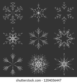 Vector collection of artistic icy abstract crystal snow flakes isolated on background as winter december decoration group or collection. Ice or frost beautiful star ornament silhouette or season art