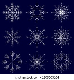 Vector collection of artistic icy abstract crystal snow flakes isolated on background as winter december decoration group or collection. Ice or frost beautiful star ornament silhouette or season art