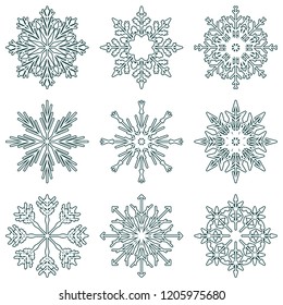Colección vectorial de copos artísticos de nieve abstracta de cristal aislados en el fondo como grupo de decoración o colección de diciembre de invierno. Hielo o escarcha hermosa silueta de ornamento estrella o arte de temporada