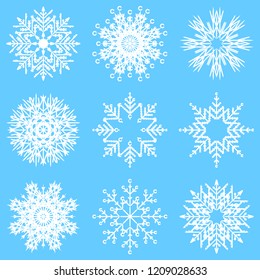 Colección vectorial de copos artísticos de nieve abstracta de cristal aislados en el fondo como grupo de decoración o colección de diciembre de invierno. Hielo o escarcha hermosa silueta de ornamento estrella o arte de temporada