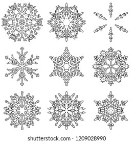 Vector collection of artistic icy abstract crystal snow flakes isolated on background as winter december decoration group or collection. Ice or frost beautiful star ornament silhouette or season art