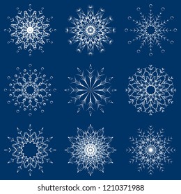 Colección vectorial de copos artísticos de nieve abstracta de cristal aislados en el fondo como grupo de decoración o colección de diciembre de invierno. Hielo o escarcha hermosa silueta de ornamento estrella o arte de temporada