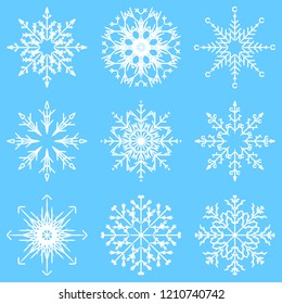 Colección vectorial de copos artísticos de nieve abstracta de cristal aislados en el fondo como grupo de decoración o colección de diciembre de invierno. Hielo o escarcha hermosa silueta de ornamento estrella o arte de temporada