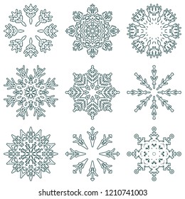 Colección vectorial de copos artísticos de nieve abstracta de cristal aislados en el fondo como grupo de decoración o colección de diciembre de invierno. Hielo o escarcha hermosa silueta de ornamento estrella o arte de temporada