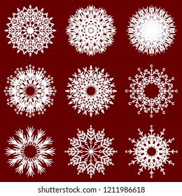 Colección vectorial de copos artísticos de nieve abstracta de cristal aislados en el fondo como grupo de decoración o colección de diciembre de invierno. Hielo o escarcha hermosa silueta de ornamento estrella o arte de temporada