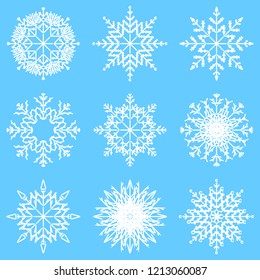 Vector collection of artistic icy abstract crystal snow flakes isolated on background as winter december decoration group or collection. Ice or frost beautiful star ornament silhouette or season art