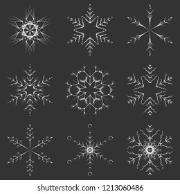 Vector collection of artistic icy abstract crystal snow flakes isolated on background as winter december decoration group or collection. Ice or frost beautiful star ornament silhouette or season art