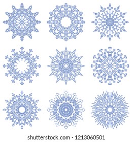 Vector collection of artistic icy abstract crystal snow flakes isolated on background as winter december decoration group or collection. Ice or frost beautiful star ornament silhouette or season art