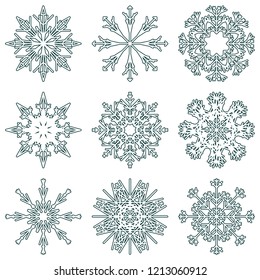 Colección vectorial de copos artísticos de nieve abstracta de cristal aislados en el fondo como grupo de decoración o colección de diciembre de invierno. Hielo o escarcha hermosa silueta de ornamento estrella o arte de temporada