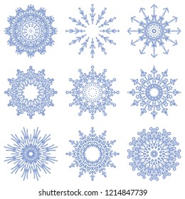 Vector collection of artistic icy abstract crystal snow flakes isolated on background as winter december decoration group or collection. Ice or frost beautiful star ornament silhouette or season art