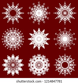 Vector collection of artistic icy abstract crystal snow flakes isolated on background as winter december decoration group or collection. Ice or frost beautiful star ornament silhouette or season art