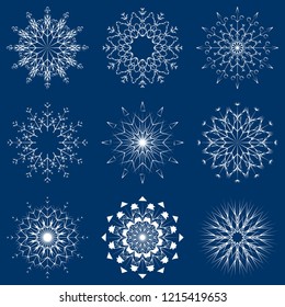 Vector collection of artistic icy abstract crystal snow flakes isolated on background as winter december decoration group or collection. Ice or frost beautiful star ornament silhouette or season art