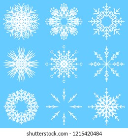 Vector collection of artistic icy abstract crystal snow flakes isolated on background as winter december decoration group or collection. Ice or frost beautiful star ornament silhouette or season art