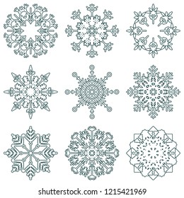 Vector collection of artistic icy abstract crystal snow flakes isolated on background as winter december decoration group or collection. Ice or frost beautiful star ornament silhouette or season art
