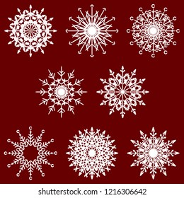 Colección vectorial de copos artísticos de nieve abstracta de cristal aislados en el fondo como grupo de decoración o colección de diciembre de invierno. Hielo o escarcha hermosa silueta de ornamento estrella o arte de temporada