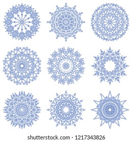 Vector collection of artistic icy abstract crystal snow flakes isolated on background as winter december decoration group or collection. Ice or frost beautiful star ornament silhouette or season art