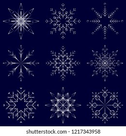 Colección vectorial de copos artísticos de nieve abstracta de cristal aislados en el fondo como grupo de decoración o colección de diciembre de invierno. Hielo o escarcha hermosa silueta de ornamento estrella o arte de temporada