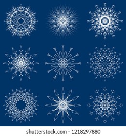 Vector collection of artistic icy abstract crystal snow flakes isolated on background as winter december decoration group or collection. Ice or frost beautiful star ornament silhouette or season art