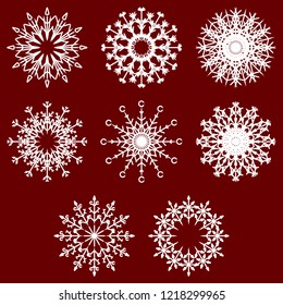 Vector collection of artistic icy abstract crystal snow flakes isolated on background as winter december decoration group or collection. Ice or frost beautiful star ornament silhouette or season art