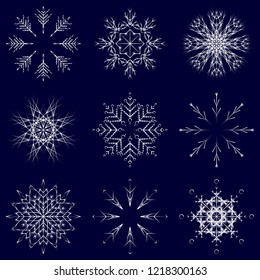 Vector collection of artistic icy abstract crystal snow flakes isolated on background as winter december decoration group or collection. Ice or frost beautiful star ornament silhouette or season art