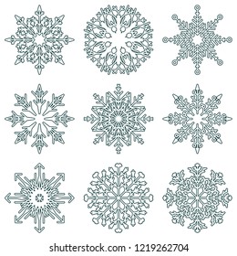 Vector collection of artistic icy abstract crystal snow flakes isolated on background as winter december decoration group or collection. Ice or frost beautiful star ornament silhouette or season art