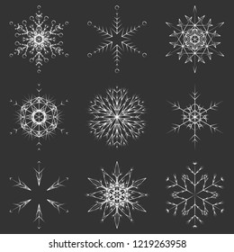 Vector collection of artistic icy abstract crystal snow flakes isolated on background as winter december decoration group or collection. Ice or frost beautiful star ornament silhouette or season art