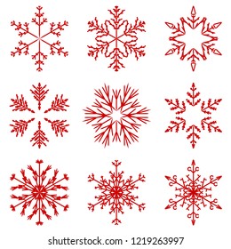 Vector collection of artistic icy abstract crystal snow flakes isolated on background as winter december decoration group or collection. Ice or frost beautiful star ornament silhouette or season art