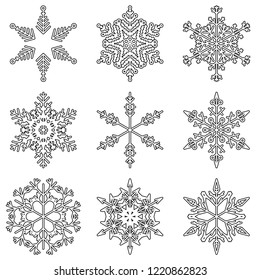 Vector collection of artistic icy abstract crystal snow flakes isolated on background as winter december decoration group or collection. Ice or frost beautiful star ornament silhouette or season art