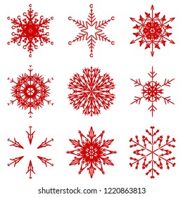 Vector collection of artistic icy abstract crystal snow flakes isolated on background as winter december decoration group or collection. Ice or frost beautiful star ornament silhouette or season art