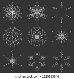 Vector collection of artistic icy abstract crystal snow flakes isolated on background as winter december decoration group or collection. Ice or frost beautiful star ornament silhouette or season art