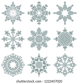 Vector collection of artistic icy abstract crystal snow flakes isolated on background as winter december decoration group or collection. Ice or frost beautiful star ornament silhouette or season art