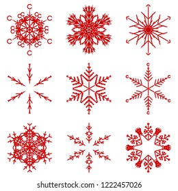 Vektorgrafik von künstlerischen, eisigen abstrakten Kristallschneeflocken einzeln auf dem Hintergrund als Winterdekorationsgruppe oder Kollektion. Eis oder Frost Schöne Sternschmuck-Silhouette oder Saisonkunst