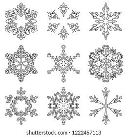 Vector collection of artistic icy abstract crystal snow flakes isolated on background as winter december decoration group or collection. Ice or frost beautiful star ornament silhouette or season art
