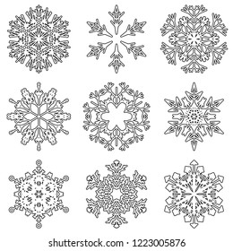 Vektorgrafik von künstlerischen, eisigen abstrakten Kristallschneeflocken einzeln auf dem Hintergrund als Winterdekorationsgruppe oder Kollektion. Eis oder Frost Schöne Sternschmuck-Silhouette oder Saisonkunst