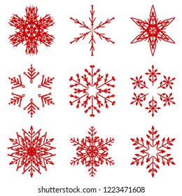 Vektorgrafik von künstlerischen, eisigen abstrakten Kristallschneeflocken einzeln auf dem Hintergrund als Winterdekorationsgruppe oder Kollektion. Eis oder Frost Schöne Sternschmuck-Silhouette oder Saisonkunst