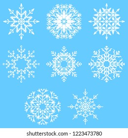 Vector collection of artistic icy abstract crystal snow flakes isolated on background as winter december decoration group or collection. Ice or frost beautiful star ornament silhouette or season art