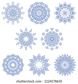 Vector collection of artistic icy abstract crystal snow flakes isolated on background as winter december decoration group or collection. Ice or frost beautiful star ornament silhouette or season art