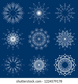 Vector collection of artistic icy abstract crystal snow flakes isolated on background as winter december decoration group or collection. Ice or frost beautiful star ornament silhouette or season art