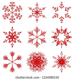 Vector collection of artistic icy abstract crystal snow flakes isolated on background as winter december decoration group or collection. Ice or frost beautiful star ornament silhouette or season art