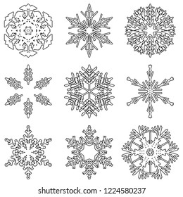 Vector collection of artistic icy abstract crystal snow flakes isolated on background as winter december decoration group or collection. Ice or frost beautiful star ornament silhouette or season art