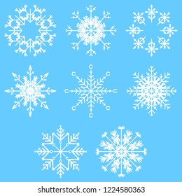 Vector collection of artistic icy abstract crystal snow flakes isolated on background as winter december decoration group or collection. Ice or frost beautiful star ornament silhouette or season art