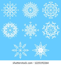 Colección vectorial de copos artísticos de nieve abstracta de cristal aislados en el fondo como grupo de decoración o colección de diciembre de invierno. Hielo o escarcha hermosa silueta de ornamento estrella o arte de temporada